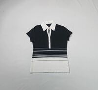 (レディース) INED イネド // 半袖 布帛衿 ストレッチ ポロシャツ (黒×白) サイズ 15 (日本製)