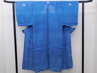 〔楽布〕P17763　昔の本麻　藍染め　紋付き単衣　男物　ｋ