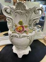 Vintage Italy CeramicR.CAPODIMONTELCS大きな花瓶2つのハンドル3D花非常に美しい送料無料米国とカナダ