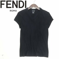 ◆FENDI フェンディ コットン Vネック 半袖 Tシャツ トップス カットソー ブラック 42