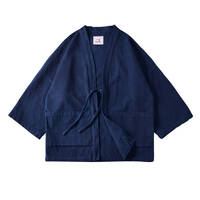 職人手作り 藍染 カバーオール 半纏 褞袍 綿&麻 ワークジャケット ゆったり 大きいサイズ 天然藍 インディゴ 薄手 M~2XL
