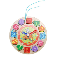 木製パズル　時計 　紐通し　 はめ込み 数字　幾何　認識　知育玩具