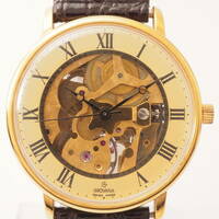 グロバナ GROVANA スケルトン ローマン 手巻き ゴールド 革ベルト ボーイズ 男女兼用 腕時計[Pa409]AX6