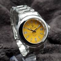 RELAX リラックス 王冠ロゴ OP34-S カスタム腕時計 オールスターパーペチュアル カラー色は遊び心があり魅力的モデル イエロー文字盤