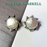 ◆ミリアムハスケル：銀の花びら付パールイヤリング：ヴィンテージコスチュームジュエリー：Miriam Haskell