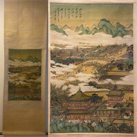 中国　掛軸　『張大千・山水人物図』絹本　真作　肉筆　中国古美術　アンティーク