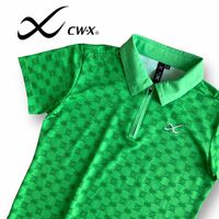 ワコール Wacoal CW-X 半袖 ハーフジップ ポロシャツ M サイズ レディース 緑 グリーン ロゴ総柄 日本製 ゴルフウェア 吸汗速乾 ストレッチ