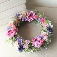 ◆ピンクとパープルのバラのリース◆アーティフィシャルフラワー リース 壁掛け 造花 ギフト
