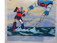 なつかしのロボットアニメ　富野由悠季監督作品「勇者ライディーン」◇海上で戦うぼくらのライディーン　手描き背景つきセル画です　