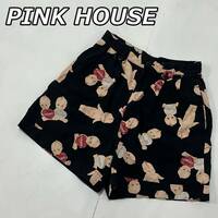 【PINK HOUSE】ピンクハウス キューピー 総柄 2タック ショートパンツ ショーツ ひざ上丈 キュロット ガーリー 黒 ブラック P108NFP05
