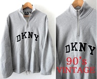 90's ヴィンテージ/DKNY：ダナキャラン ニューヨーク/ロゴ刺繍入り スタンドカラー ハーフジップ スウェット/グレー/Msize/トレーナー