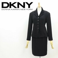 ◆DONNA KARAN ダナキャラン 裏地パイル調 デザインボタン ジャケット＆スカート スーツ セットアップ 黒 ブラック 36