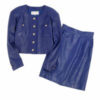 美品 クレージュ courreges セットアップ スカートスーツ ジャケット スカート ラムレザー レディース 38(S相当) ブルー cg03dr-rm04f02974