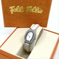 箱付き Folli Follie ラインストーン オーバル キラキラベゼル 腕時計 レディース 3針 ホワイト 白 レザーベルト フォリフォリ Y83
