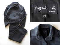 美品 agnes b. アニエスベー 裏地付 厚手 ウールサージ ジャケット & パンツ セットアップ 36 チャコールグレー ルーマニア製