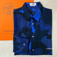 国内正規品 極美品 Hermes エルメス 17/43 XLサイズ対応 シルク×コットン長袖シャツ ネイビー系 スペアボタン・レシート・ショッパー