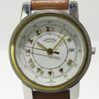 【中古】HERMES キャリック レディース 腕時計 クオーツ SS GP レザー ホワイト文字盤 ◯X刻印