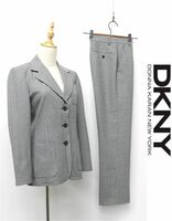 E323/DKNY セットアップ スーツ テーラードジャケット パンツ スラックス マイクロ千鳥格子 3つ釦 ハイウエスト 2 M ライトグレー 茶 青