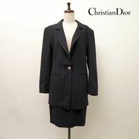 美品 Christian Dior クリスチャンディオール ストライプ セットアップスカートスーツ ジャケット 総裏 レディース 紺 サイズ44*KC388