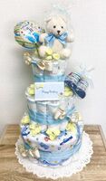 おむつケーキ デラックス3段ケーキ ブルー 送料無料 男の子 パンパース 出産祝い ハンドメイド ギフト