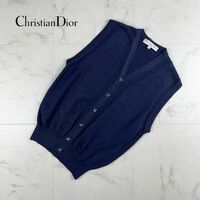 美品 Christian Dior SPORTS クリスチャンディオール ウールニットベスト シルク混 ボタン付き レディース 紺 ネイビー サイズS*IC681