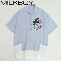 ◆MILKBOY ミルクボーイ ネームタグ スウェット切替 ドッキング 半袖 シャツ ライトサックス×ホワイト