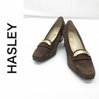 HASLEY アスレー パンプス シューズ 靴 ゴールド チャンキーヒール フランス製 アーモンドトゥ ブラウン サイズ4 1/2 24.5