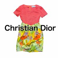 【1円スタート】Christian Dior クリスチャンディオール 花柄切り替えワンピース 半袖 オレンジ 11号 L