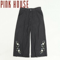 ◆PINK HOUSE ピンクハウス ストレッチ 花 フラワー刺繍 フリル クロップド デニム ワイド パンツ チャコール 3 (M)