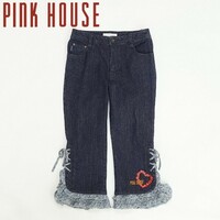 ◆PINK HOUSE ピンクハウス ストレッチ ハート＆ロゴ刺繍 裾チェック柄フリル リボン クロップド デニム パンツ ジーンズ インディゴ M