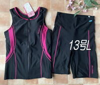 新品◆袖なしラン型・胸ボタン付フィットネス水着・13号L・切替黒×ピンク