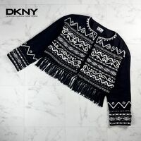 DKNY ダナキャランニューヨーク リネン フリンジ スパンコール刺繍 長袖カーディガン トップス レディース 黒 ブラック サイズS*MC67