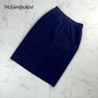 美品 Yves Saint Laurent イヴ・サンローラン ウエストゴム タイトスカート 膝丈 裏地あり レディース ボトムス 紺 ネイビー サイズ9*MC78