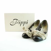 Pippi ピッピ 36 1/2 23.5 パンプス ヒール ラウンドトゥ ニットリボン ファー 総柄 ベージュ ブラウン/MC110