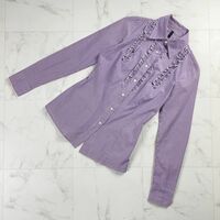 美品 BENETTON ベネトン ギンガムチェックフリルデザインコットンシャツ トップス レディース 紫 パープル サイズXS*MC705
