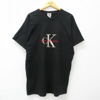 XL/古着 カルバンクライン 半袖 ビンテージ Tシャツ メンズ 00s ビッグロゴ 刺繍 大きいサイズ ロング丈 コットン クルーネック 黒 ブラッ