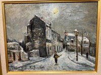 【真作】鈴木満　「雪の町パリにて」　油彩