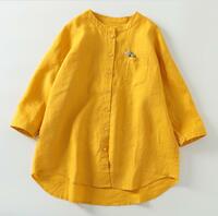 新入荷～綿麻 シャツ レディース ブラウス リネン 7分袖 シャツブラウス 麻混 トップス 大人 ゆったり 大きいサイズ ～黄