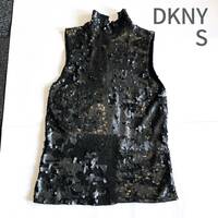 DKNY ディーケーエヌワイ スパンコール タートルネック ハイネック ブラック 黒 ラメ ノースリーブ Sサイズ パーティー ビーズ ビジュー