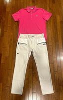 MARK&LONA 【美品】ゴルフウェア 上下セット ピンク半袖ポロシャツ ホワイトストレッチパンツ 