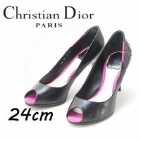 ◆Christian Dior クリスチャンディオール 薔薇デザイン オープントゥ レザー ハイヒール パンプス 黒 ブラック 37