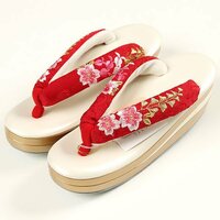 【和遊館】ZKH051　振袖用桜と藤刺繍厚底草履 赤色 フリーサイズ