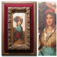 慶應◆19世紀 イタリア画家【Guidi】筆 板絵 油彩 葡萄摘みの女 農婦像 豪華時代額装