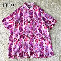 大きいサイズ ETRO エトロ 花柄 ボタニカル リネンシャツ 半袖 アロハシャツ 2XL 麻 パープル 紫 フラワー