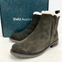 新 棚上 6 箱付き EMU Australia エミュ オーストラリア ショート ブーツ サイドコア 部分 ボア スエード ダークオリーブ レディースW8