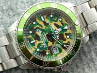 美品正規品　エイプAPE　ベイペックスBAPEX　サルマリーナ迷彩カモフラ文字盤サブマリーナ自動巻きダイバーズ腕時計　グリーンサブ