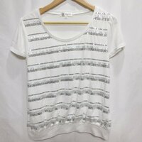 ◆MICHEL KLEIN スパンコール ボーダー柄 半袖 Tシャツ(ホワイト) サイズ42◆USED