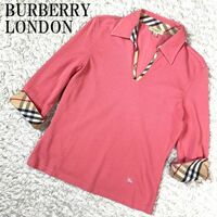 BURBERRY LONDON ポロシャツ チェック柄 ピンクバーバリーロンドン 7分袖 ワンポイント刺 コットン100％ S B5544