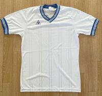 80-90s　le coq sportif　ルコック　レトロ　サッカー　光沢　ユニフォーム　縦縞　ホワイト　刺繍ロゴ　メンズ　Lサイズ　当時物