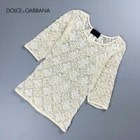 美品 Dolce & Gabbana ドルチェ&ガッバーナ ウール混 ビーズ刺繍 透かし編みニットトップス 5分袖 レディース 白 ホワイト サイズ42*NC901